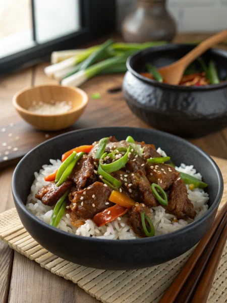 Beef stir fry with rice, veggies, and glossy sauce captured in a striking 45-degree angle shot, garnished with green onions.