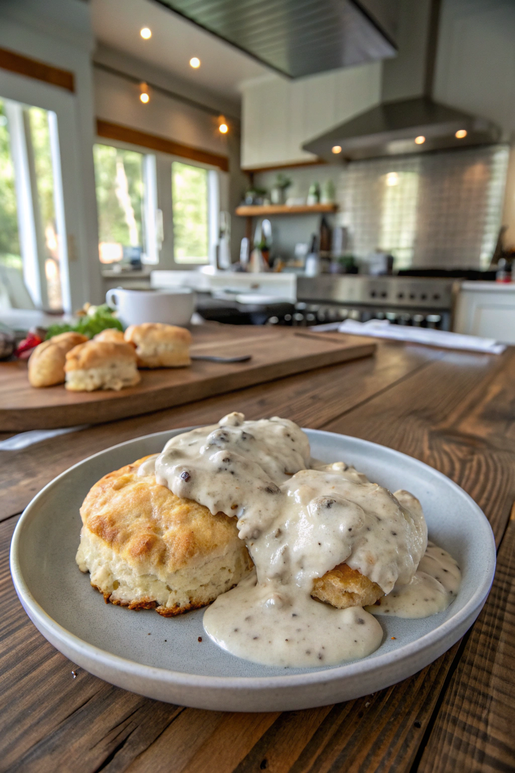 Biscuits & gravy recipe - fluffy biscuit topped with creamy sausage gravy, 45-degree angle shot on rustic table with natural light.