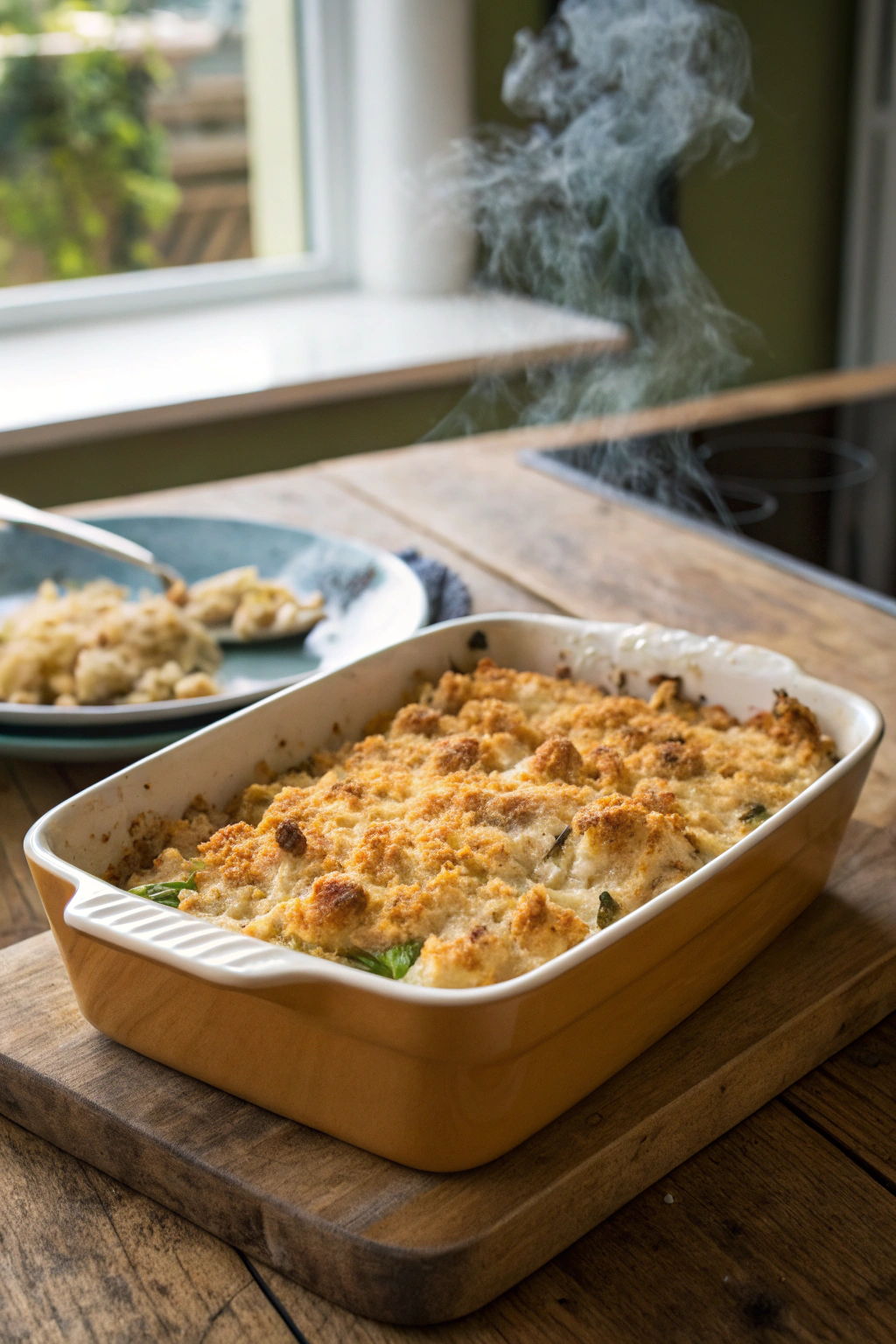 Chicken casserole topped with golden-brown crackers, melted cheese, served in ceramic dish, inviting composition with steam rising.