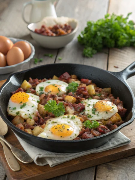 Corned beef hash and eggs – runny yolks nestle in crispy golden hash with parsley in cast-iron skillet, inviting rustic scene.