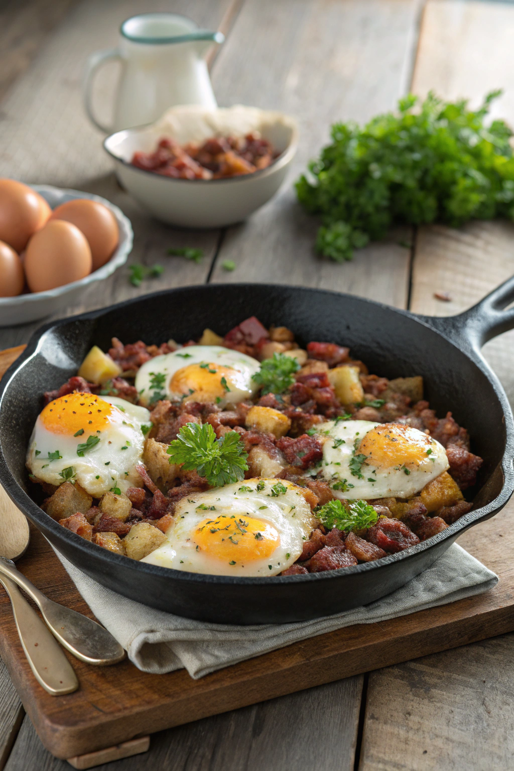 Corned beef hash and eggs – runny yolks nestle in crispy golden hash with parsley in cast-iron skillet, inviting rustic scene.