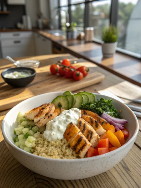 Protein bowl recipe: vibrant vegetable medley, golden chicken, tzatziki over quinoa in sectioned bowl, 45-degree angle.