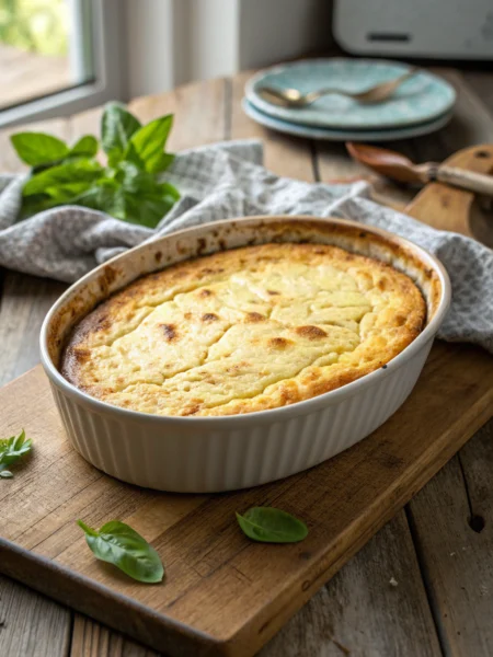 Ricotta bake: golden-brown crackled top, fresh basil garnish in ceramic dish, inviting warm natural light composition.