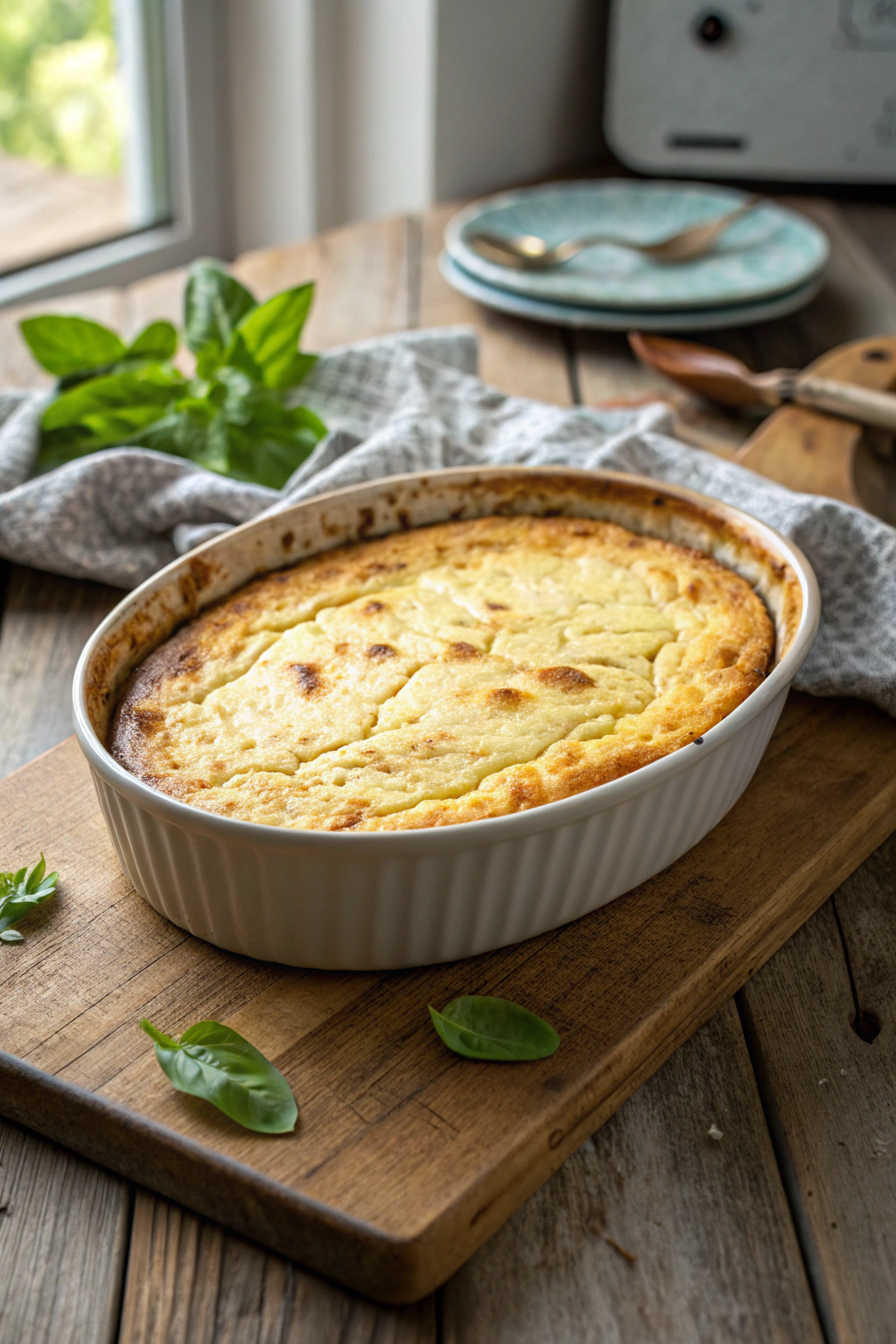 Ricotta bake: golden-brown crackled top, fresh basil garnish in ceramic dish, inviting warm natural light composition.