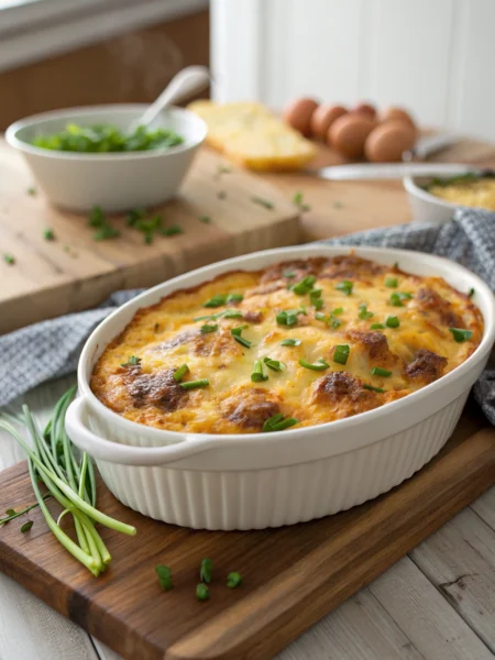 Sausage cheese egg casserole golden-brown top, melted cheese, garnished chives on rustic table in modern kitchen