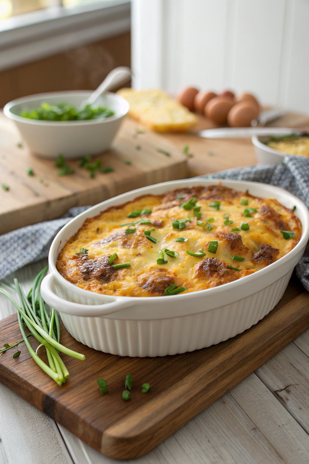Sausage cheese egg casserole golden-brown top, melted cheese, garnished chives on rustic table in modern kitchen