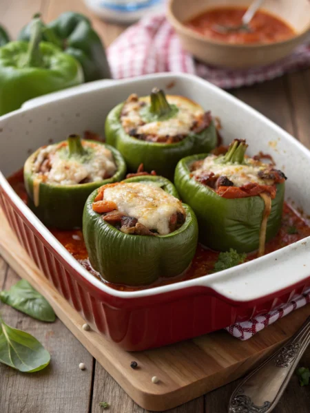 Stuffed green peppers, melted cheese, red ceramic dish, rustic table, inviting kitchen shot.