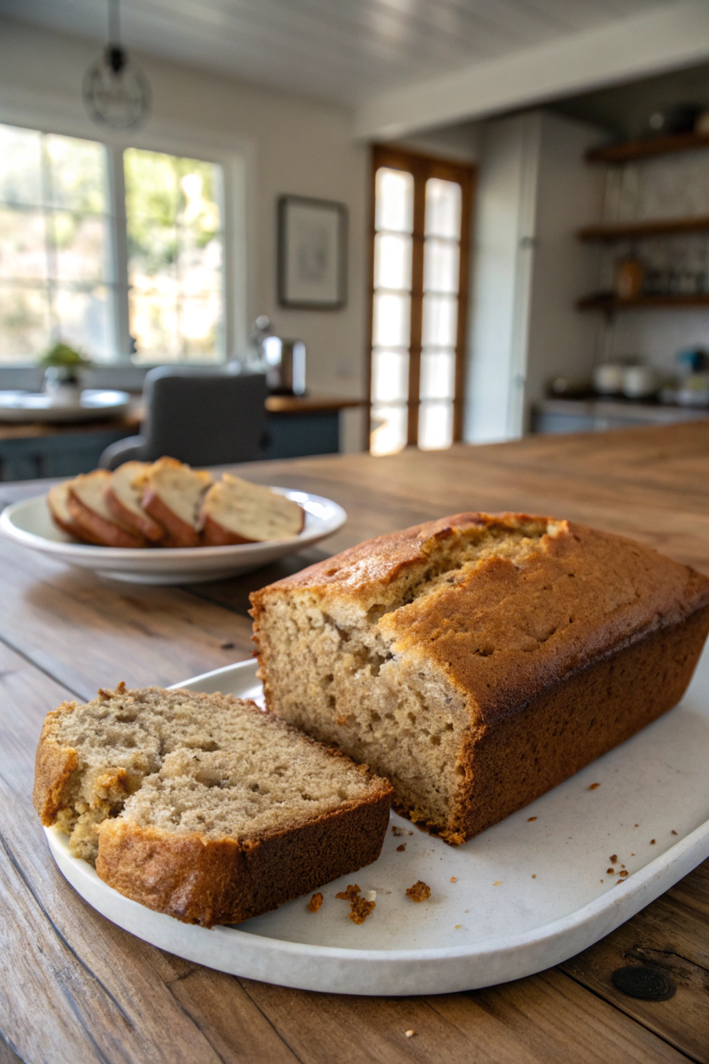 4 ingredient banana bread loaf on plate, moist interior revealed, whole bananas, staged kitchen scene on wooden table.