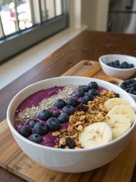Smoothie bowl with vibrant açaí base, banana slices, blueberries, granola, and chia seeds in a ceramic bowl on a wooden table.
