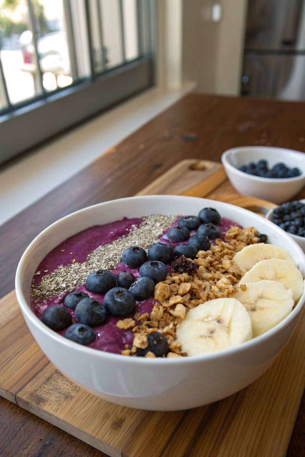 Smoothie bowl with vibrant açaí base, banana slices, blueberries, granola, and chia seeds in a ceramic bowl on a wooden table.