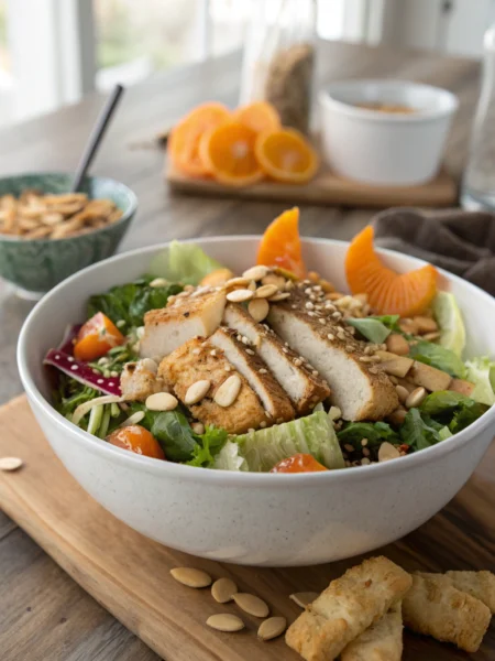 Asian Sesame Chicken Salad photo shows sliced chicken, veggies, sesame seeds & wontons artfully arranged in a white bowl on wood table.
