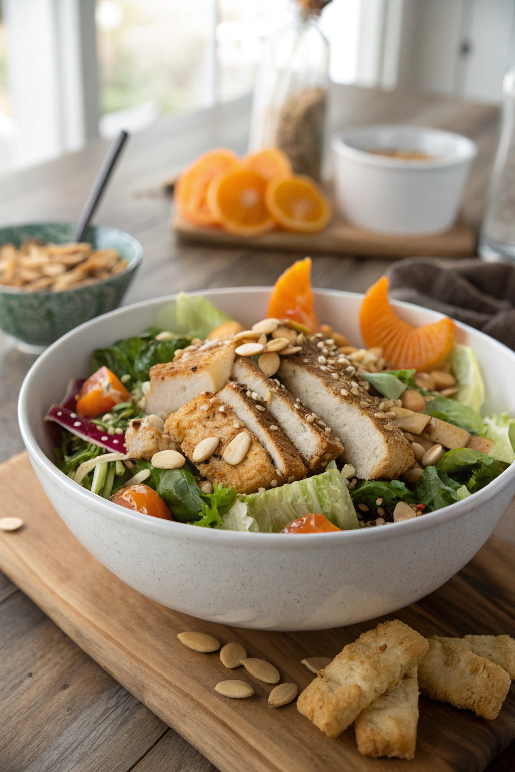 Asian Sesame Chicken Salad photo shows sliced chicken, veggies, sesame seeds & wontons artfully arranged in a white bowl on wood table.