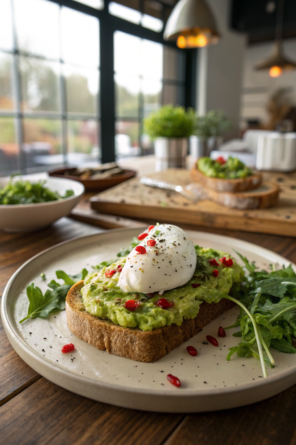 Avocado toast with poached egg, garnished with fresh herbs and red pepper flakes on rustic wooden table.