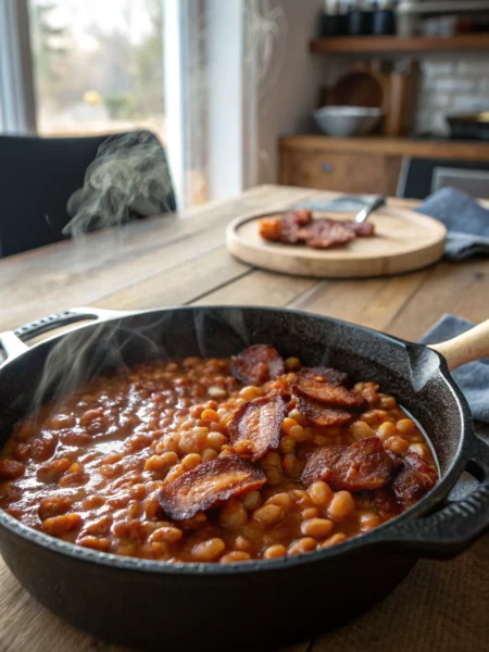 Baked beans recipe with bacon pieces, glossy sauce served in cast iron Dutch oven