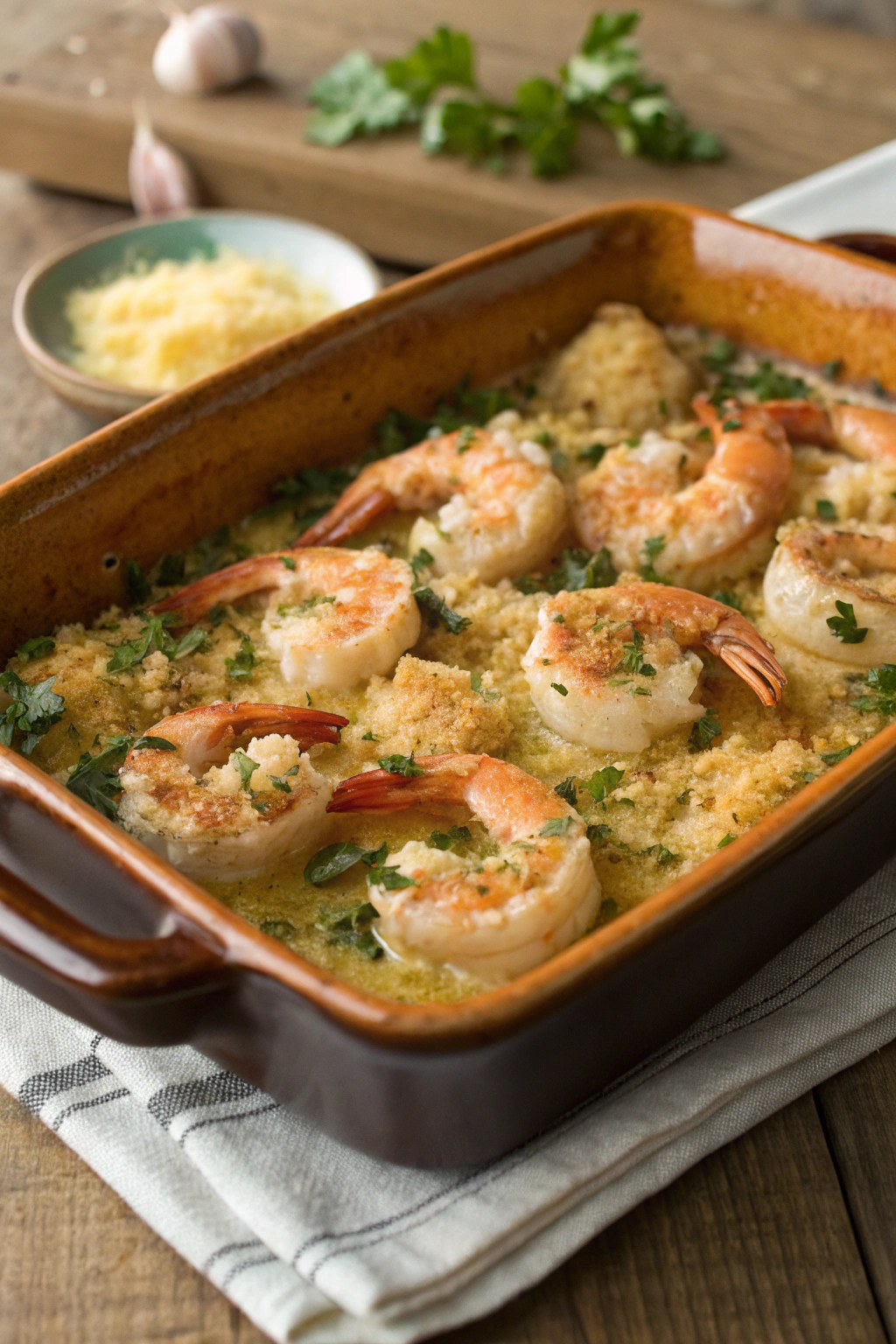 Baked shrimp scampi in bubbly garlic butter, topped with golden breadcrumbs and parsley. Rustic wooden table setting in bright kitchen.