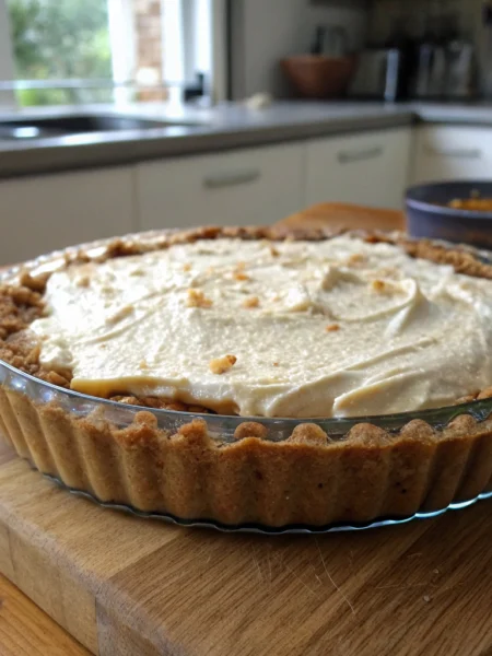Banoffee pie graham cracker crust pressed into dish. Thick creamy filling, fresh bananas, whipped cream topping. Rustic wood backdrop.
