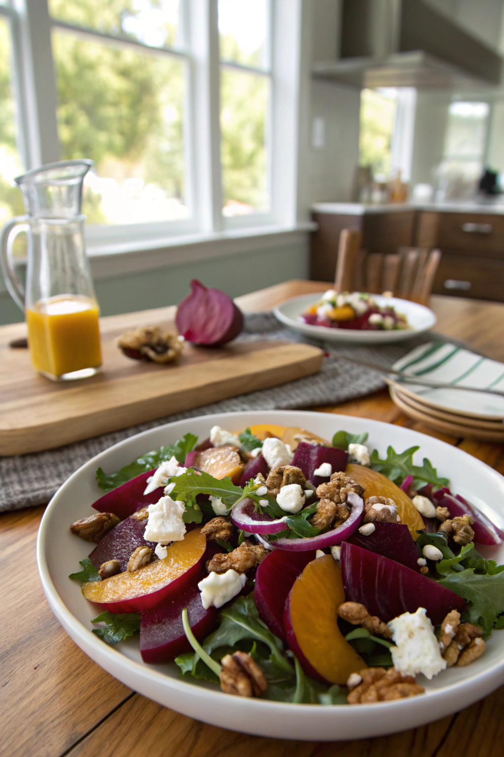 Beet salad recipe with beets, goat cheese, walnuts over greens drizzled with honey vinaigrette in rustic setting.