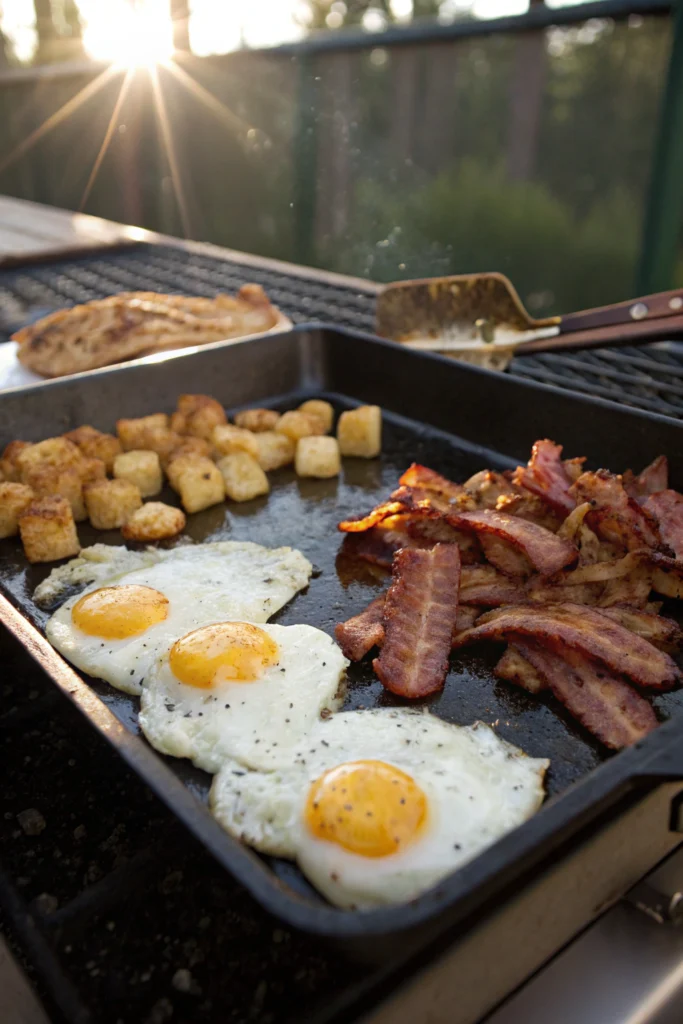 Blackstone breakfast golden hash browns, crispy bacon, sunny-side-up eggs. Mouthwatering morning spread showcasing textures.