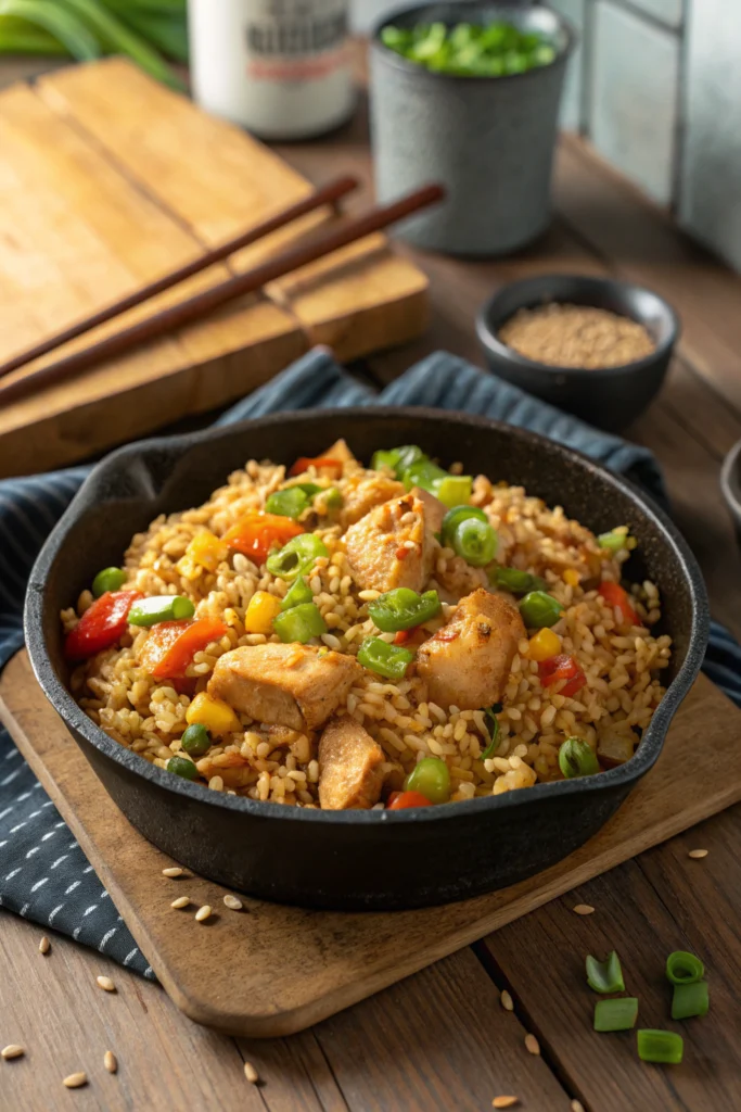 Blackstone fried rice with chicken and veggies, golden grains heaped in a cast iron bowl, garnished with greens.