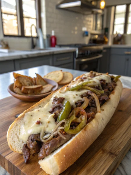 Blackstone philly cheesesteak with melted provolone and ribeye steak, onions and peppers on rustic wooden table