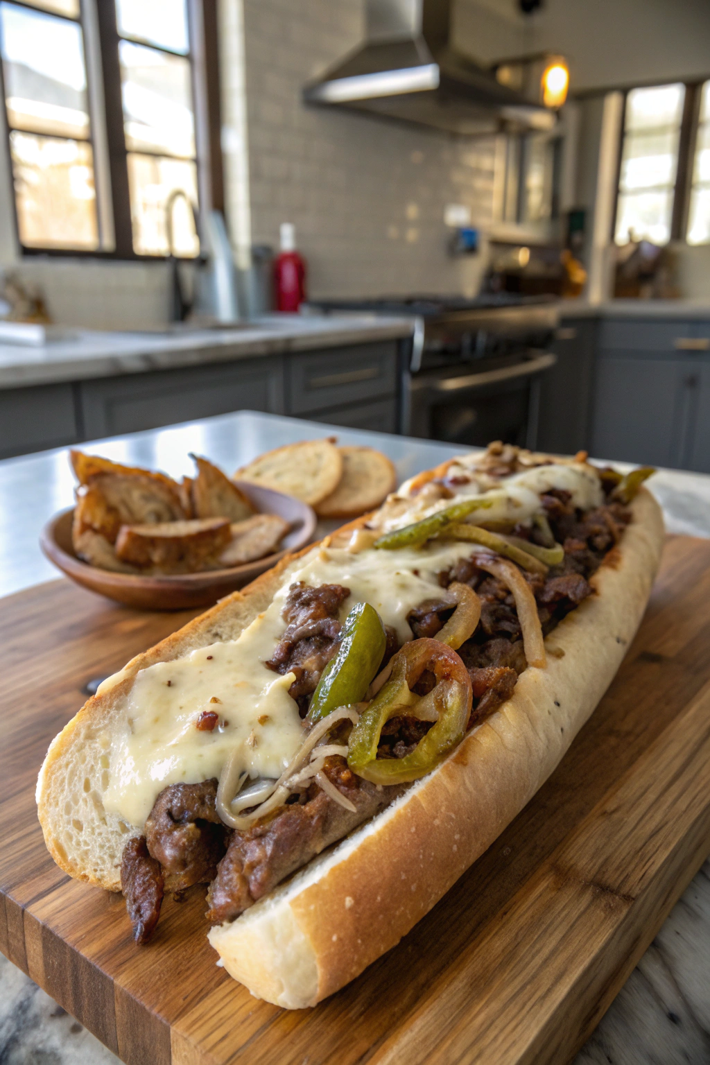Blackstone philly cheesesteak with melted provolone and ribeye steak, onions and peppers on rustic wooden table