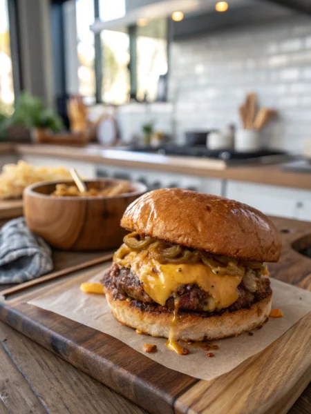 Blackstone recipes smash burger with melted cheese, crispy patty on brioche bun with secret sauce dripping, visually appealing burger.