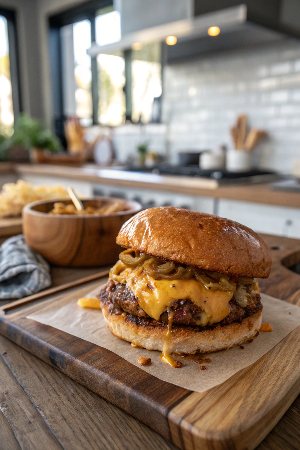Blackstone recipes smash burger with melted cheese, crispy patty on brioche bun with secret sauce dripping, visually appealing burger.