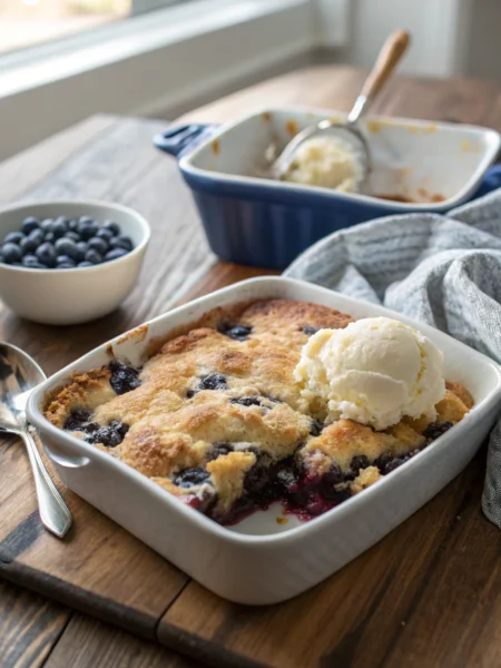 Blueberry Dump Cake photo: crusty golden top, bubbling blueberry filling, melting vanilla ice cream scoop, rustic wood table.