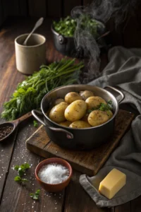 How to boil potatoes demonstrated with golden steaming potatoes in pot, garnished with fresh herbs and melting butter on wooden table