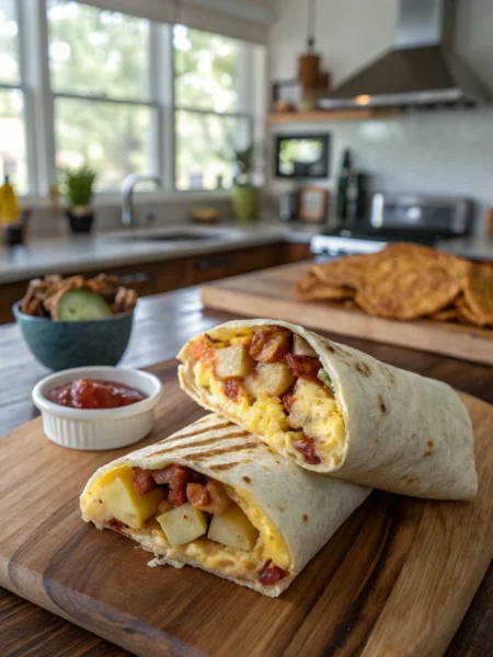 Breakfast burrito recipe with eggs, bacon, and cheese filling, visually appealing cross-section on wooden table.