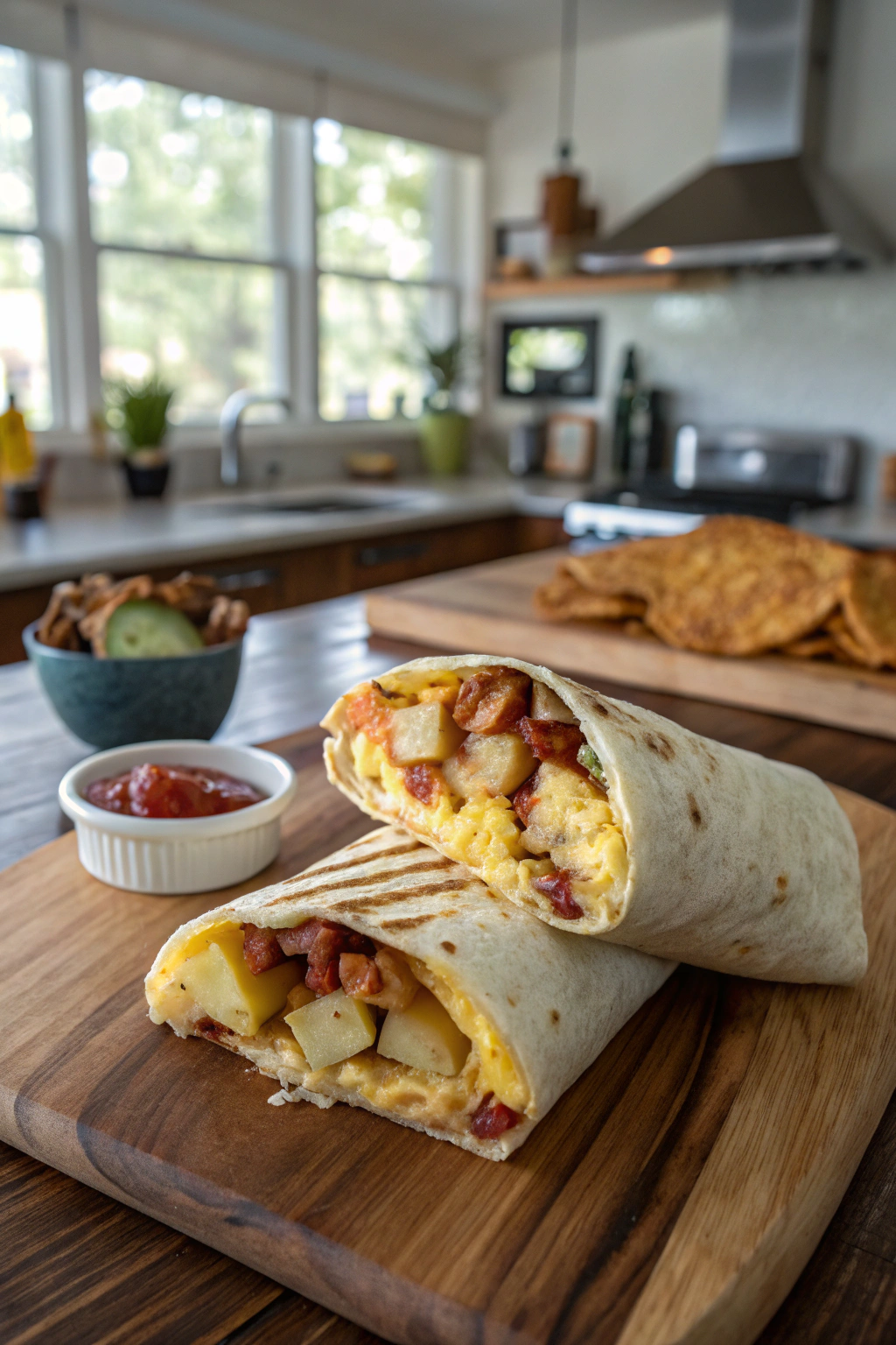 Breakfast burrito recipe with eggs, bacon, and cheese filling, visually appealing cross-section on wooden table.