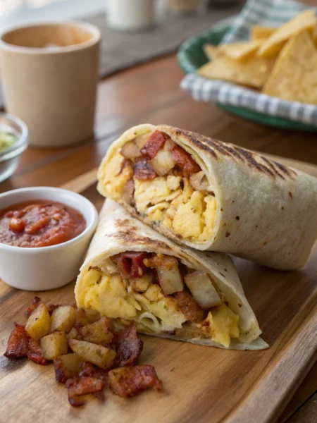 Breakfast burrito photo: Eggs, potatoes, cheddar, bacon wrapped in toasted tortilla. Angled composition with salsa, sour cream garnishes.