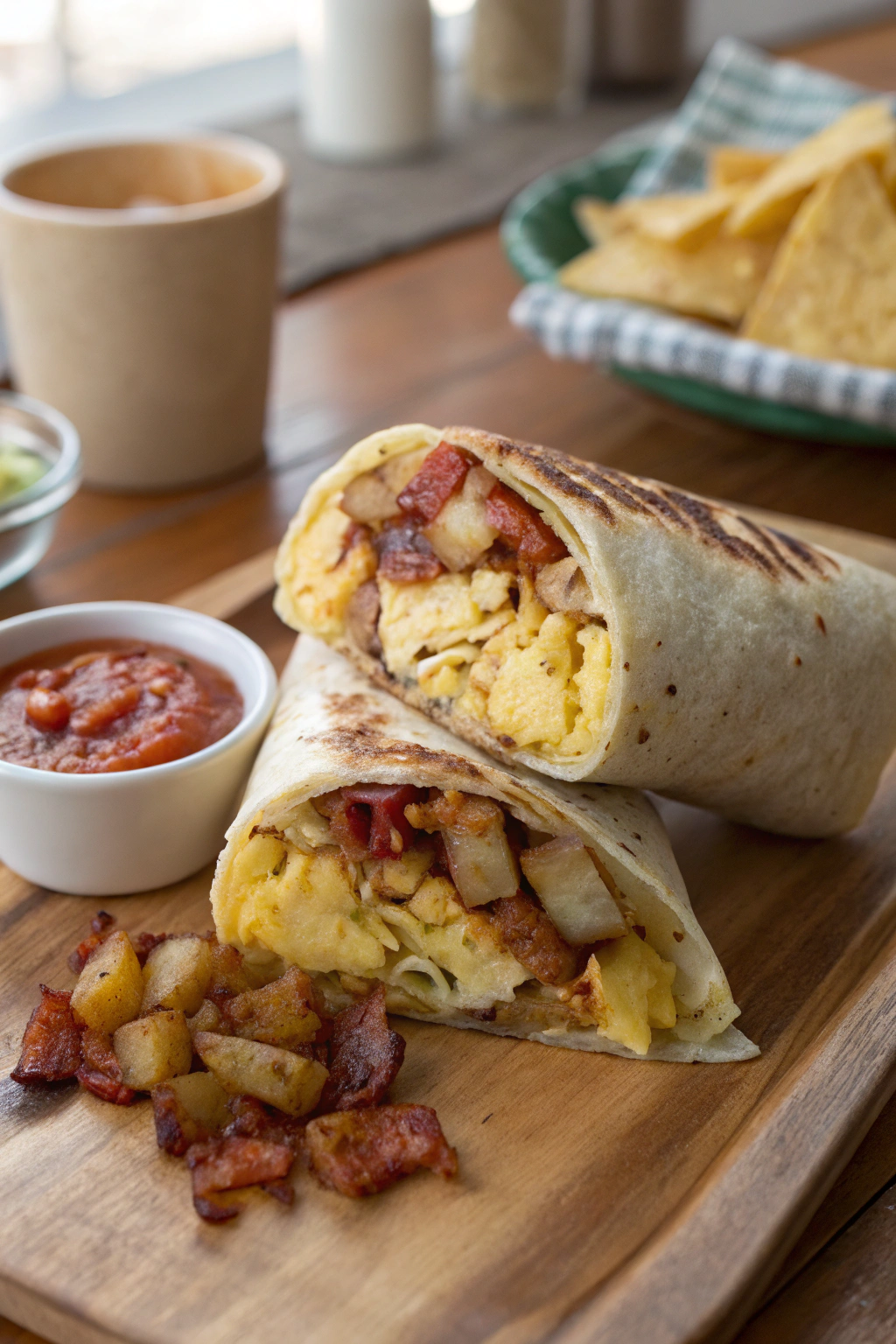 Breakfast burrito photo: Eggs, potatoes, cheddar, bacon wrapped in toasted tortilla. Angled composition with salsa, sour cream garnishes.