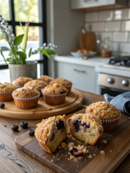 Breakfast muffins with blueberries, golden-brown tops, and crumbly streusel arranged beautifully on rustic wooden table.