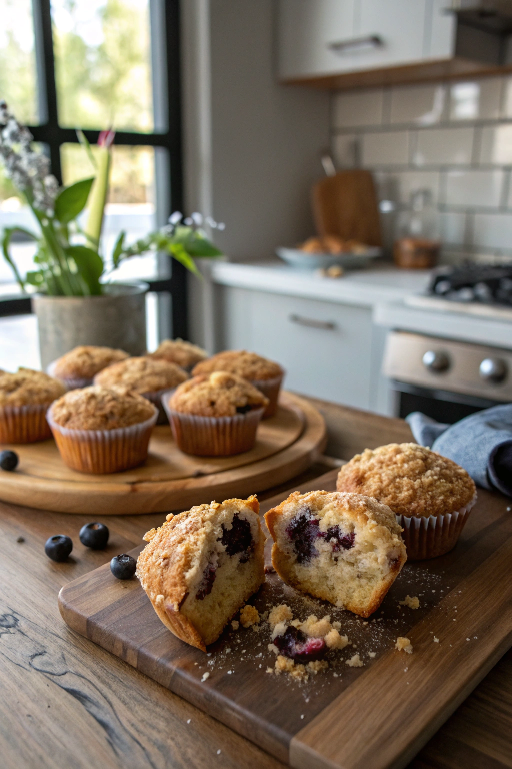 Breakfast muffins with blueberries, golden-brown tops, and crumbly streusel arranged beautifully on rustic wooden table.