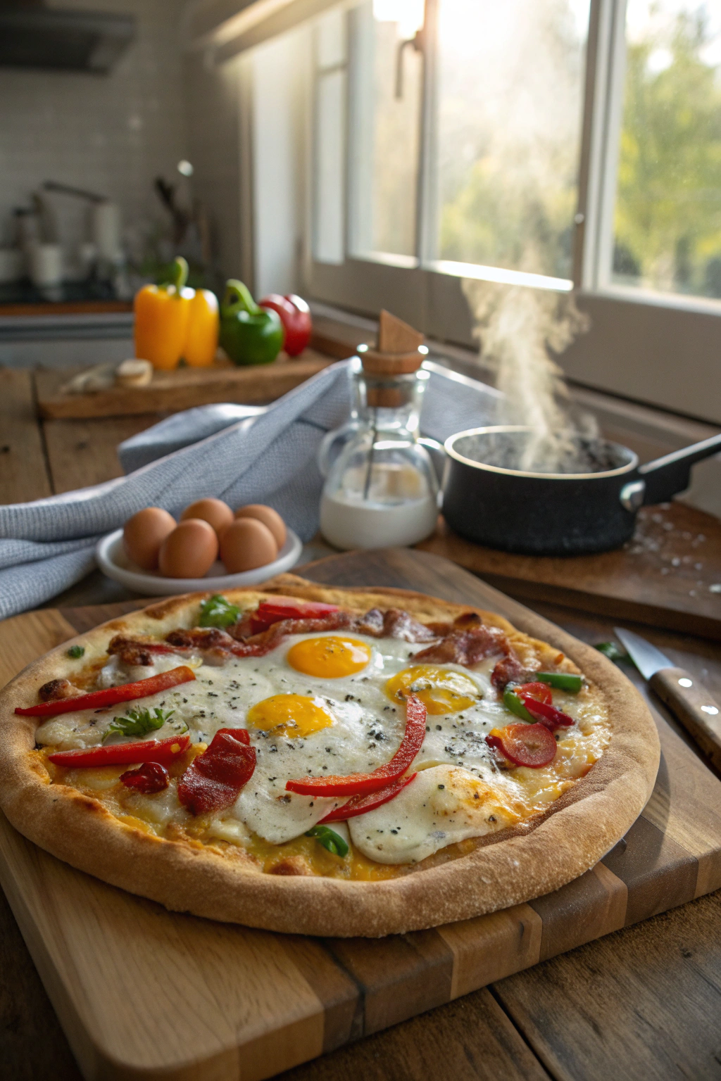 Breakfast pizza recipe with eggs, cheese, bacon and peppers, golden crust on wooden table in modern kitchen.