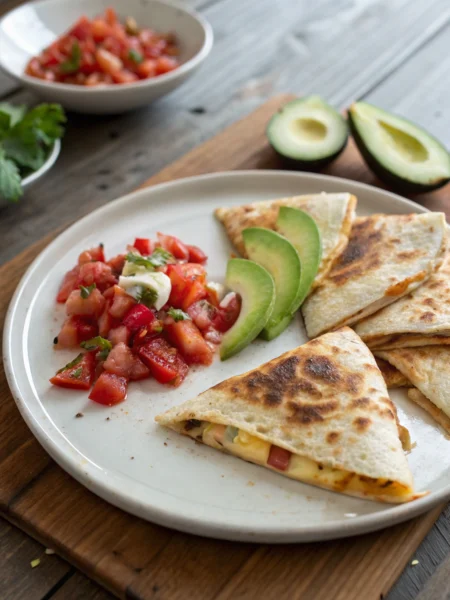 Breakfast quesadilla with melted cheese, avocado, pico de gallo, beautifully presented on rustic wood table