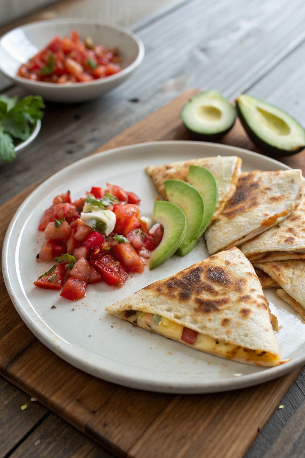 Breakfast quesadilla with melted cheese, avocado, pico de gallo, beautifully presented on rustic wood table