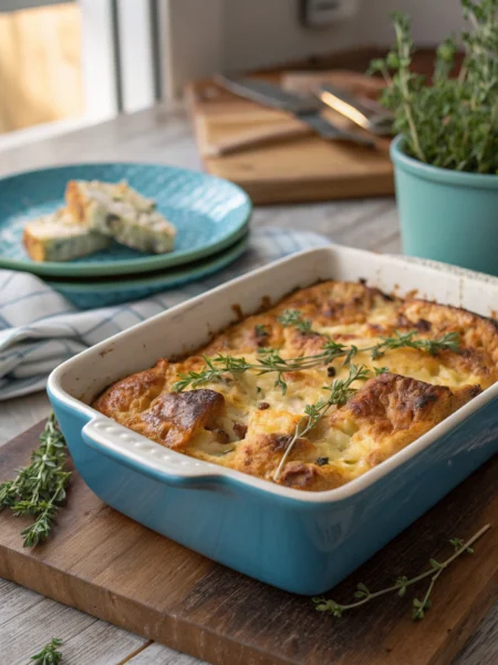 Breakfast strata with eggs, cheese, topped with thyme on a rustic wooden table
