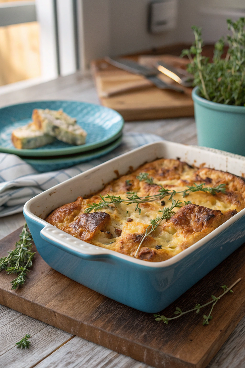 Breakfast strata with eggs, cheese, topped with thyme on a rustic wooden table