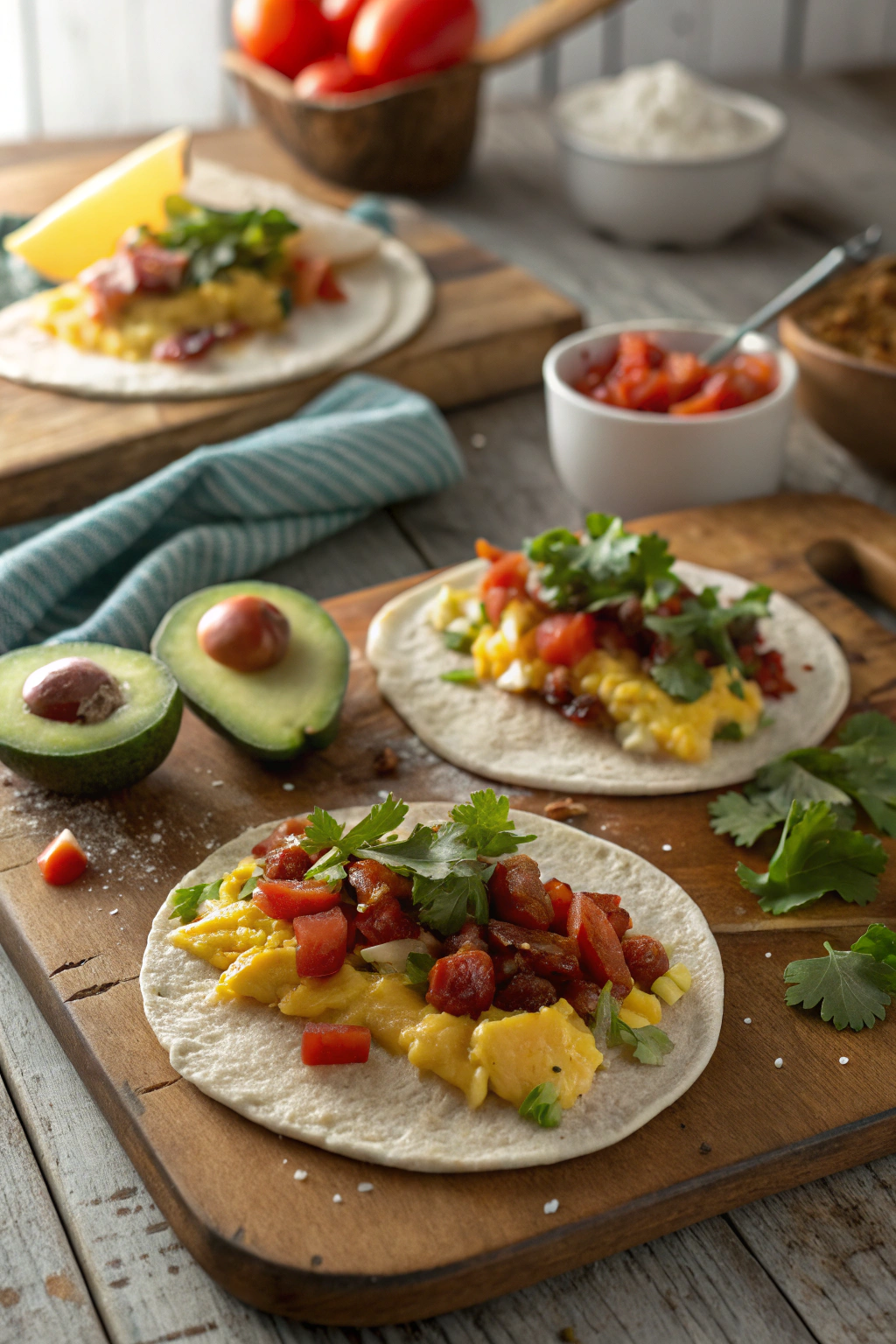 Breakfast tacos with fluffy eggs, crispy bacon, melted cheese and fresh toppings artfully arranged on rustic table.