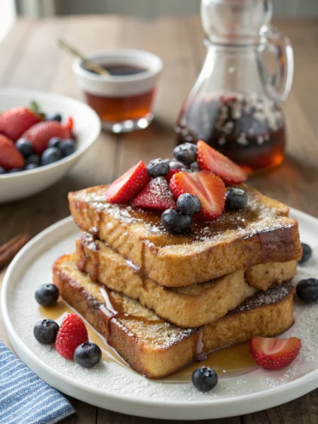 Brioche French toast: 3 stacked slices topped with berries, syrup, dusted with sugar on rustic table. Inviting breakfast photo.