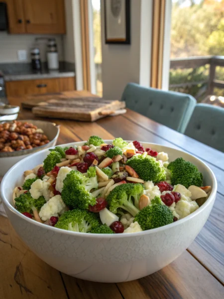 Broccoli cauliflower salad with cranberries and bacon bits, vibrant colors in a white bowl on wooden table.