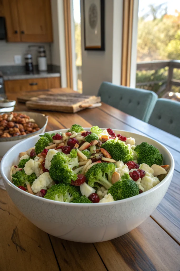 Broccoli cauliflower salad with cranberries and bacon bits, vibrant colors in a white bowl on wooden table.