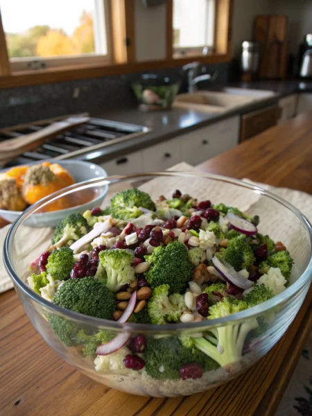broccoli cauliflower salad​ recipe with bacon, sunflower seeds showcasing vibrant colors in a rustic setting