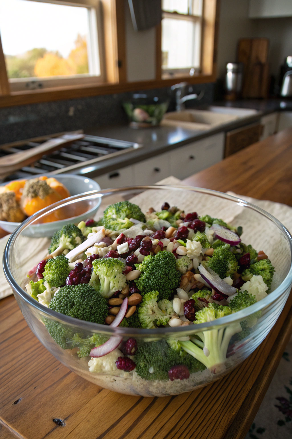 broccoli cauliflower salad​ recipe with bacon, sunflower seeds showcasing vibrant colors in a rustic setting
