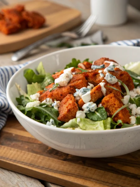 Buffalo chicken salad recipe, vibrant greens with spicy chicken, blue cheese, and ranch drizzle in bright ceramic bowl.