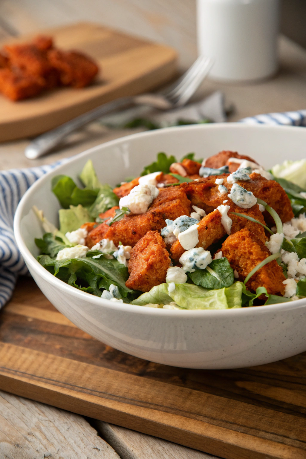 Buffalo chicken salad recipe, vibrant greens with spicy chicken, blue cheese, and ranch drizzle in bright ceramic bowl.
