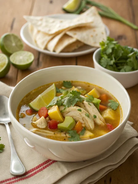 Caldo de pollo recipe with golden broth, veggies, tender chicken, garnished with cilantro, lime, avocado. Warm tortillas on the side.