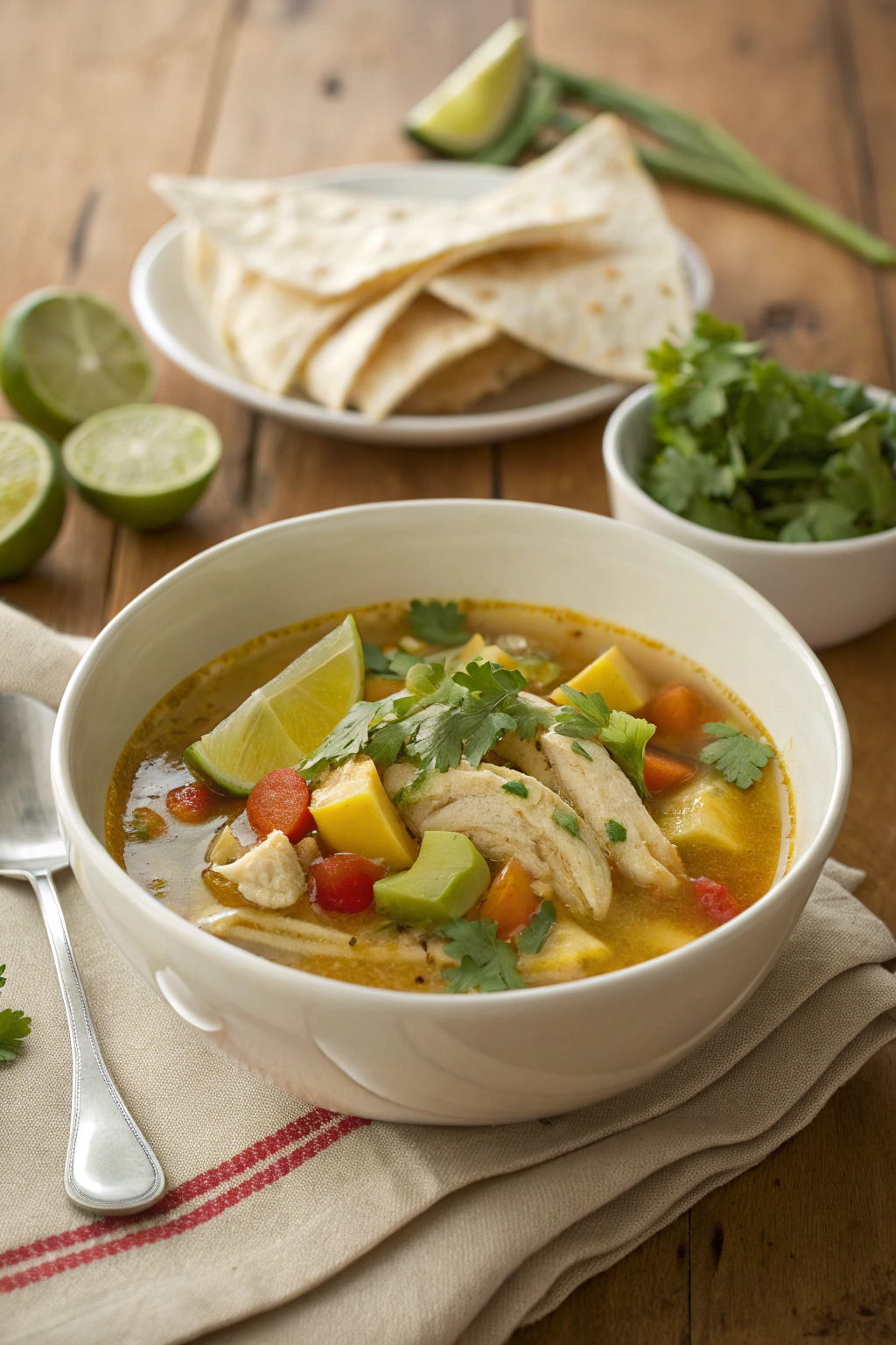 Caldo de pollo recipe with golden broth, veggies, tender chicken, garnished with cilantro, lime, avocado. Warm tortillas on the side.